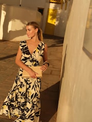 Ecru/Yellow Lemon Print Sleeveless V-Neck Belted Maxi Dress - Image 1 of 5