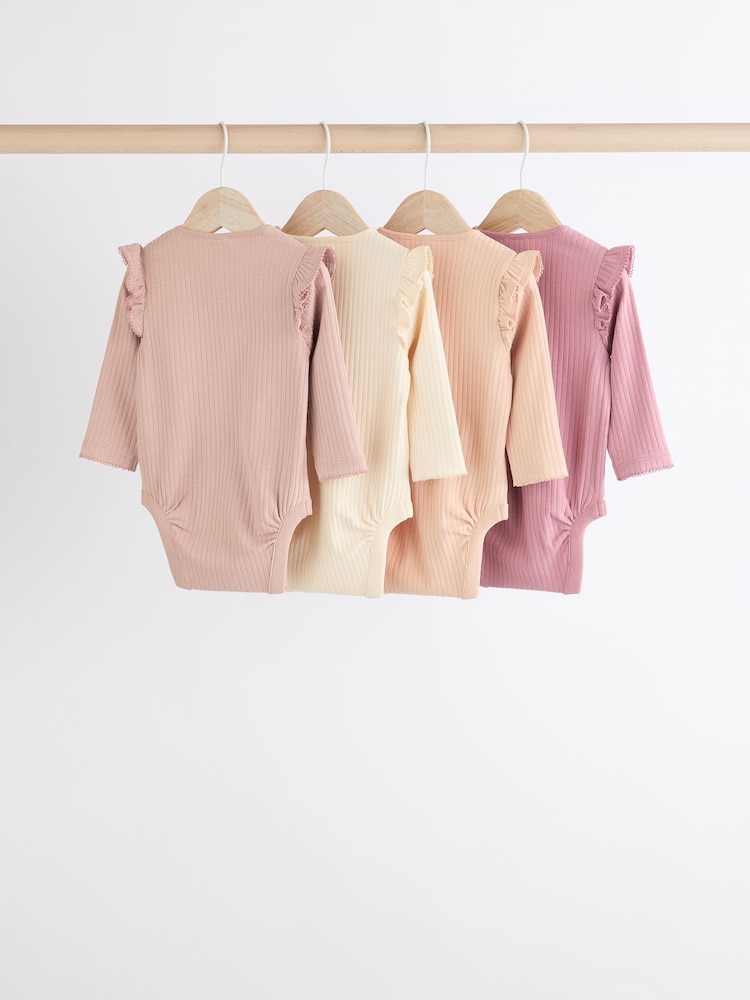 Pink/Cream Baby Long Sleeve Frill Bodysuits 4 Pack (0mths-2yrs) - Image 2 of 11