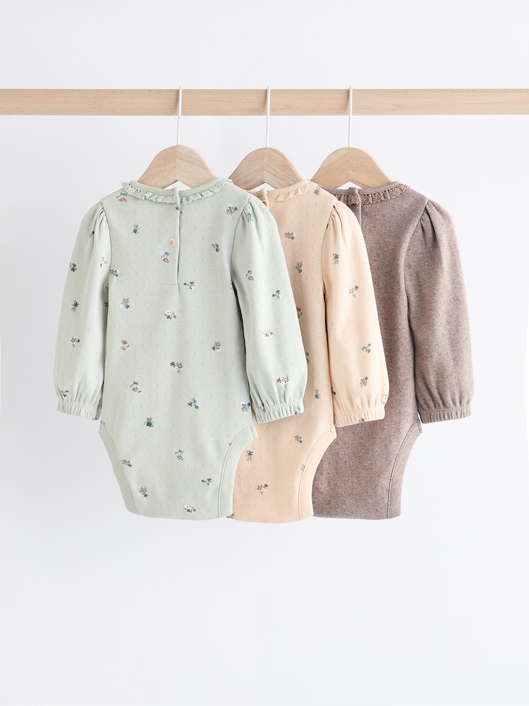Salbeigrün/Tan mit Floralmuster - Baby-Langarm-Bodys aus 100 % Baumwolle im 3er-Pack - Bild 1 von 10 Salbeigrün/Tan mit Floralmuster - Baby-Langarm-Bodys aus 100 % Baumwolle im 3er-Pack - Bild 1 von 10