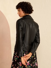 Love & Roses Black Faux Leather Long Line Biker Jacket - Image 3 of 4