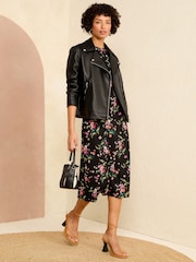 Love & Roses Black Faux Leather Long Line Biker Jacket - Image 4 of 4