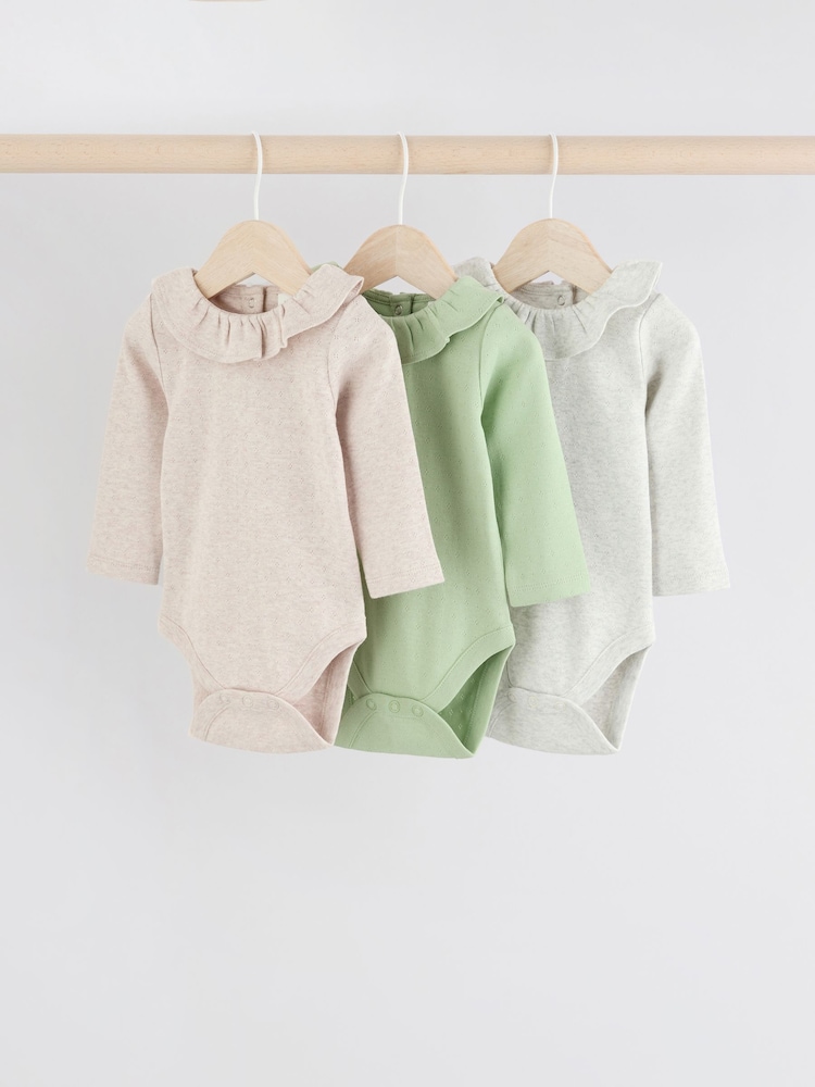 Salbeigrün/Weiß/Grau Pointelle - Baby-Langarm-Bodys aus 100 % Baumwolle im 3er-Pack - Bild 1 von 11 Salbeigrün/Weiß/Grau Pointelle - Baby-Langarm-Bodys aus 100 % Baumwolle im 3er-Pack - Bild 1 von 11