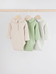 Vert sauge Vert/ Blanc/ Grey Pointelle - Bébé Manches longues 100% Coton Body 3 Lot - Image 5 de 11