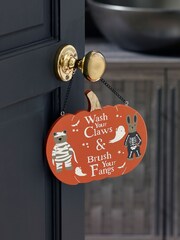 Orange Rosie Rabbit and Bertie Bear Halloween Pumpkin Bathroom Door Sign - Image 1 of 3