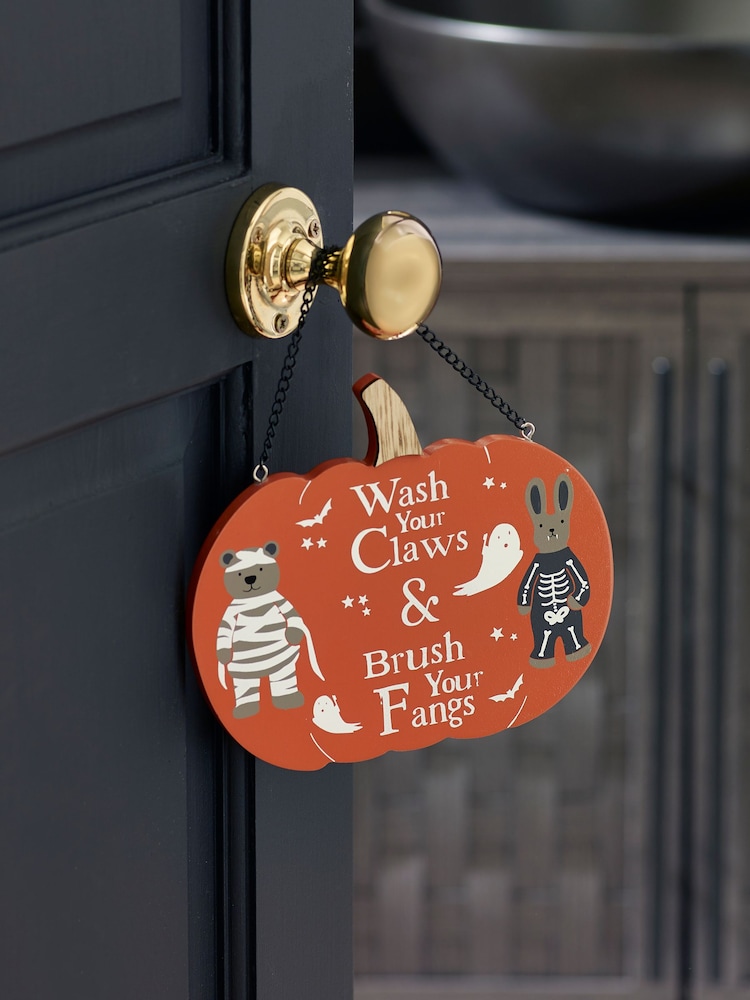 Orange Rosie Rabbit and Bertie Bear Halloween Pumpkin Bathroom Door Sign - Image 1 of 3