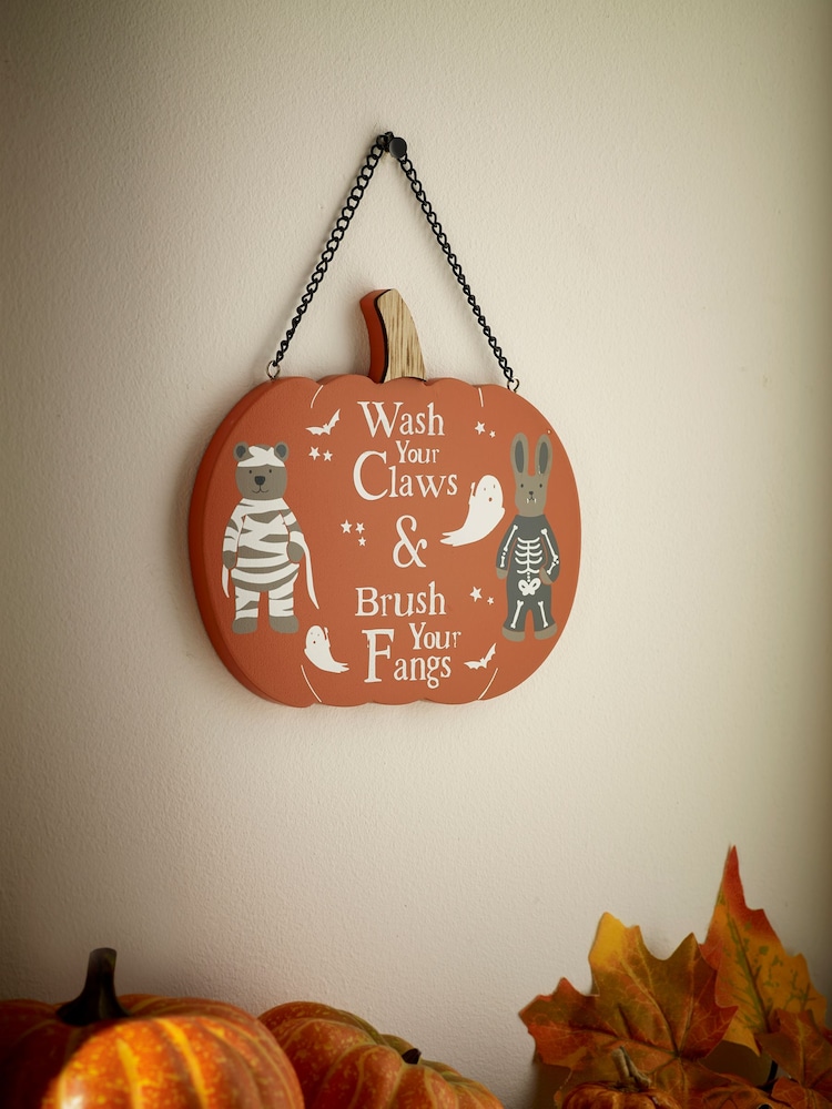 Orange Rosie Rabbit and Bertie Bear Halloween Pumpkin Bathroom Door Sign - Image 2 of 3