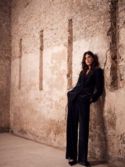 Mint Velvet Black Velvet Wide Trousers - Image 1 of 4