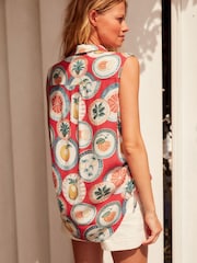 Red Plate Print Sleeveless Ruched Side Linen Blend Shirt - Image 4 of 6
