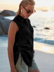 Black Sleeveless Ruched Side Linen Blend Shirt - Image 1 of 6