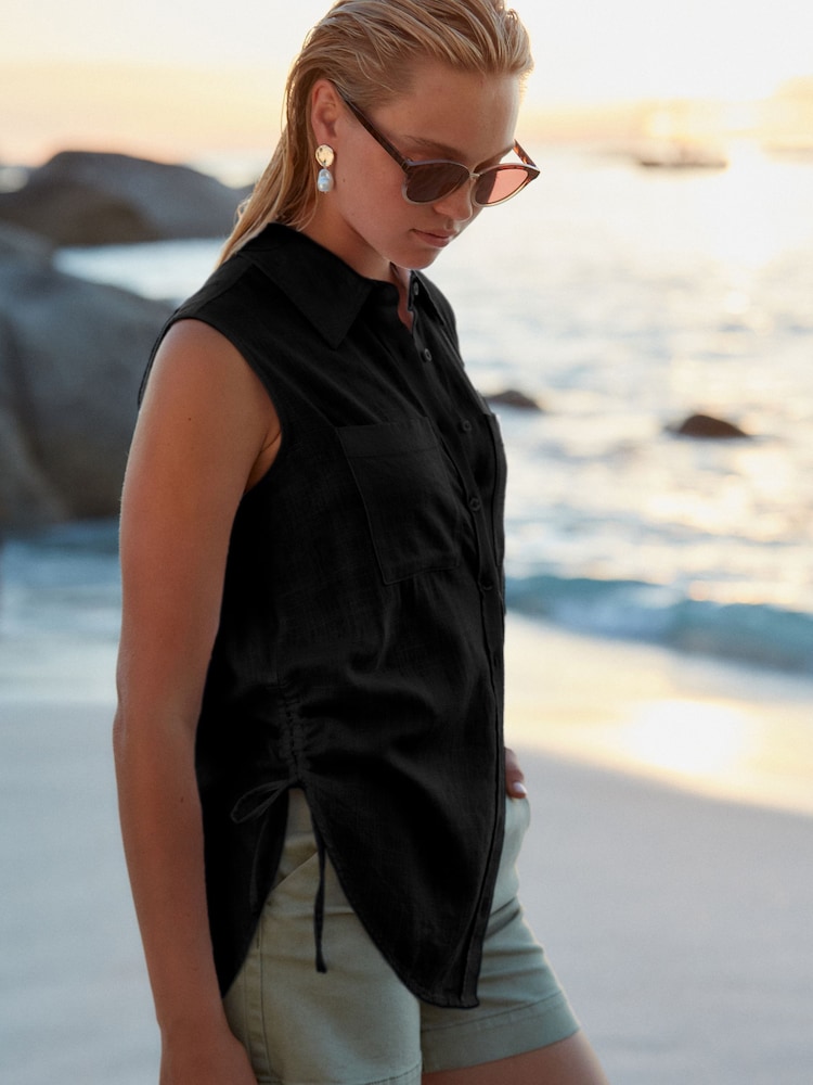Black Sleeveless Ruched Side Linen Blend Shirt - Image 1 of 6