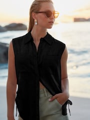 Black Sleeveless Ruched Side Linen Blend Shirt - Image 2 of 6
