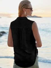 Black Sleeveless Ruched Side Linen Blend Shirt - Image 3 of 6