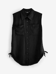 Black Sleeveless Ruched Side Linen Blend Shirt - Image 5 of 6