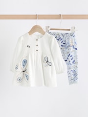 White/Blue Embroidered 2 Piece Baby Woven Blouse & Leggings Set - Image 1 of 12