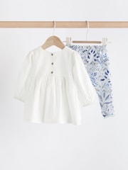 White/Blue Embroidered 2 Piece Baby Woven Blouse & Leggings Set - Image 4 of 12