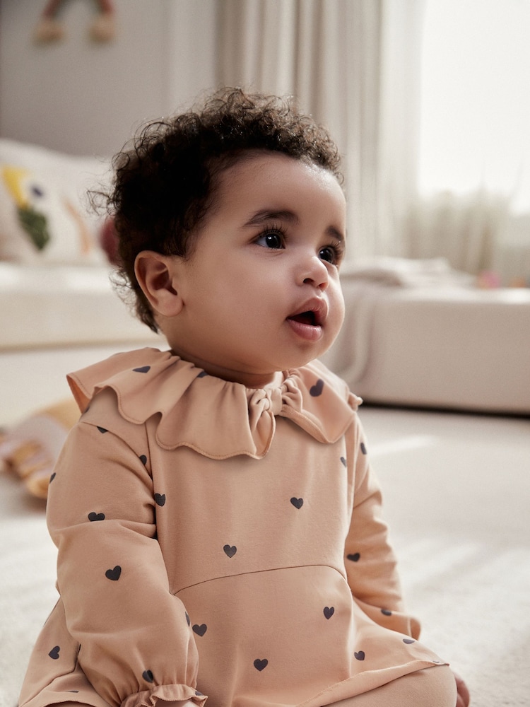 Beige Heart Print Baby Long Sleeve Frill Top And Leggings Set - Image 1 of 14