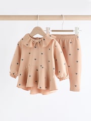 Beige Heart Print Baby Long Sleeve Frill Top And Leggings Set - Image 4 of 14