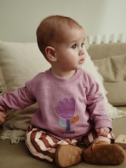 Lilac Purple Flower/ Stripe Baby 100% Cotton Sweat and Wide Leg Trousers Set - Image 1 of 13