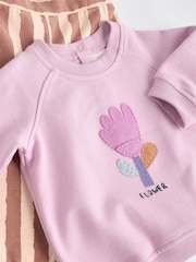 Lilac Purple Flower/ Stripe Baby 100% Cotton Sweat and Wide Leg Trousers Set - Image 11 of 13