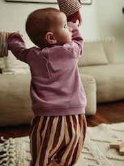 Lilac Purple Flower/ Stripe Baby 100% Cotton Sweat and Wide Leg Trousers Set - Image 2 of 13