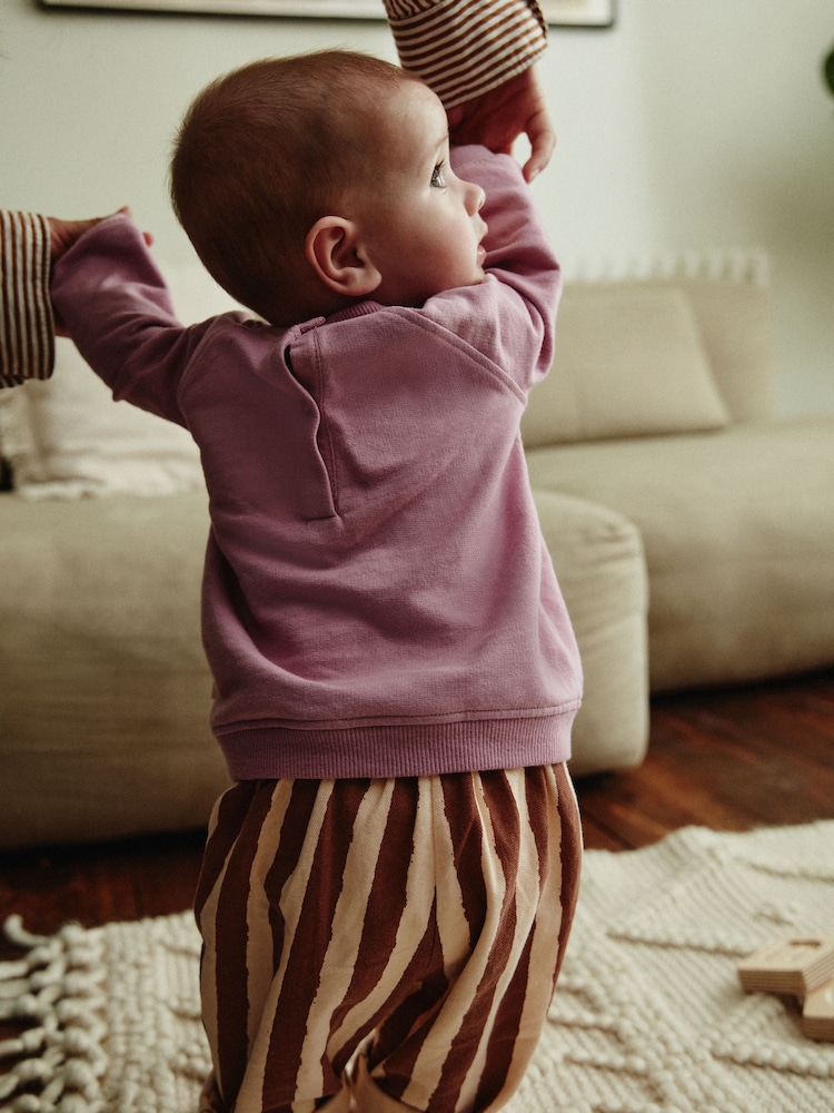 Lilac Purple Flower/ Stripe Baby 100% Cotton Sweat and Wide Leg Trousers Set - Image 2 of 13