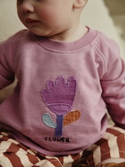 Lilac Purple Flower/ Stripe Baby 100% Cotton Sweat and Wide Leg Trousers Set - Image 3 of 13
