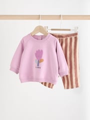 Lilac Purple Flower/ Stripe Baby 100% Cotton Sweat and Wide Leg Trousers Set - Image 4 of 13