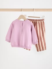 Lilac Purple Flower/ Stripe Baby 100% Cotton Sweat and Wide Leg Trousers Set - Image 7 of 13