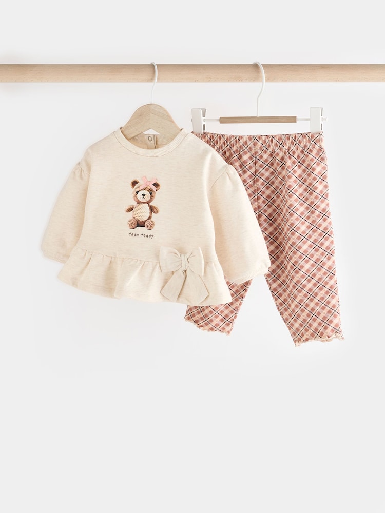 Cream/Check Baby 100% Cotton Sweatshirt And Leggings Set - Image 1 of 13