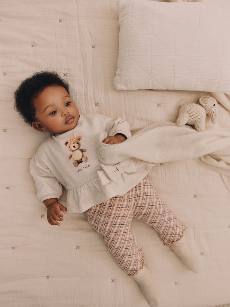 Cream/Check Baby 100% Cotton Sweatshirt And Leggings Set - Image 2 of 13