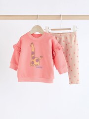 Coral Pink Giraffe Baby Sweat Top And Leggings Set - Image 1 of 15