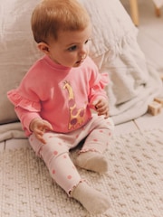 Coral Pink Giraffe Baby Sweat Top And Leggings Set - Image 2 of 15