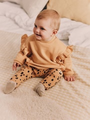 Tan Brown Leopard Print Cosy Baby Sweatshirt And Leggings 2 Piece Set - Image 1 of 12