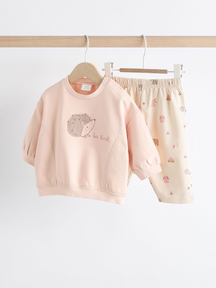 Pink/ Cream Hedgehog Baby Sweatshirt And Wide Leg Trousers Set - Image 1 of 11