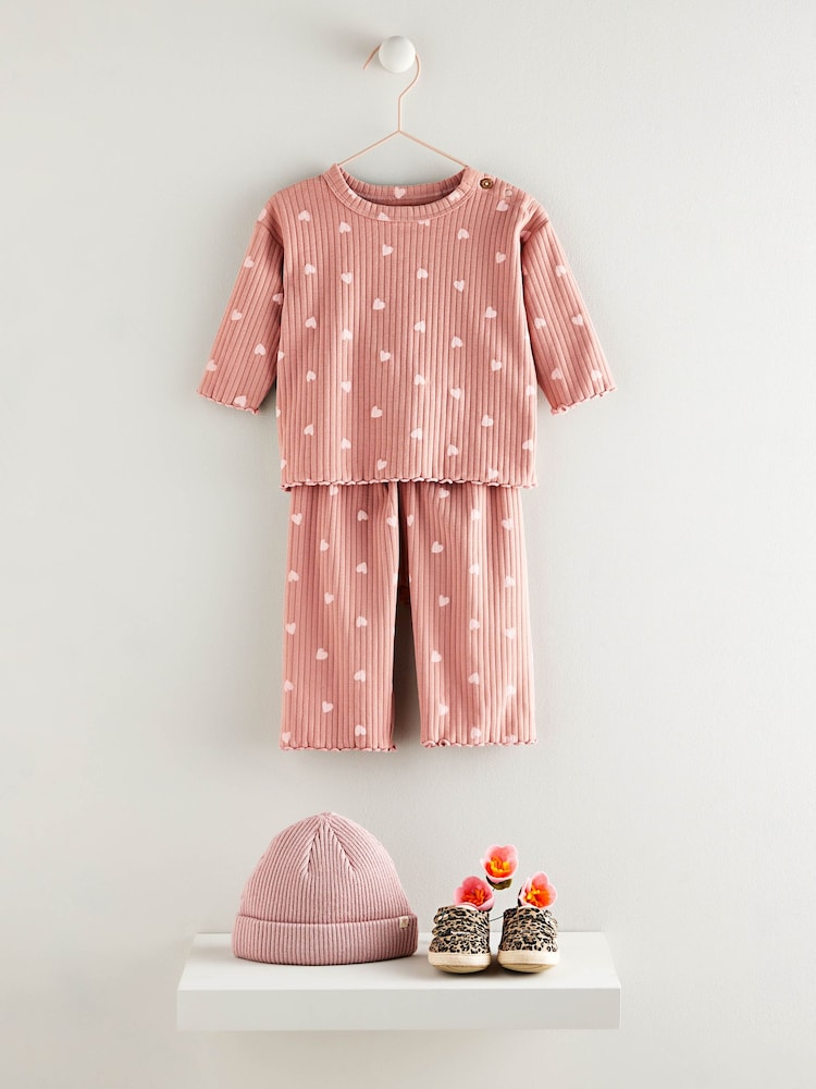 Pink Heart Print Baby Top and Wide Leg Trousers 2 Piece Set (0mths-2yrs) - Image 1 of 12