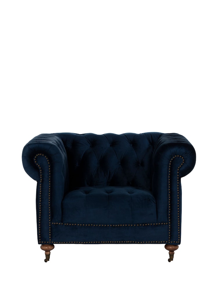 Barker and Stonehouse Navy Blue Duchamp Velvet Chesterfield Armchair - Image 2 of 6