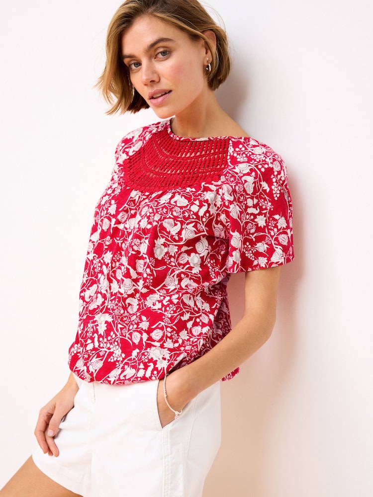 Red 100% Cotton Short Sleeve Crochet Bubblehem Printed Top - Image 2 of 6