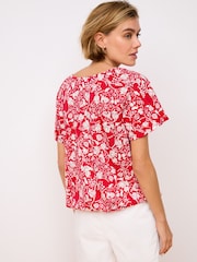 Red 100% Cotton Short Sleeve Crochet Bubblehem Printed Top - Image 3 of 6