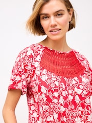 Red 100% Cotton Short Sleeve Crochet Bubblehem Printed Top - Image 4 of 6