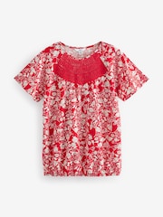 Red 100% Cotton Short Sleeve Crochet Bubblehem Printed Top - Image 5 of 6