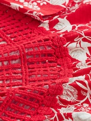 Red 100% Cotton Short Sleeve Crochet Bubblehem Printed Top - Image 6 of 6