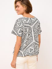 Black/White 100% Cotton Short Sleeve Crochet Bubblehem Printed Top - Image 3 of 6