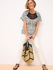 Black/White 100% Cotton Short Sleeve Crochet Bubblehem Printed Top - Image 7 of 7