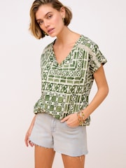 Green V-Neck 100% Cotton Bubble Hem Top - Image 1 of 7