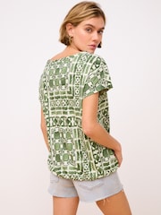 Green V-Neck 100% Cotton Bubble Hem Top - Image 3 of 7