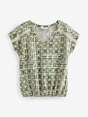 Green V-Neck 100% Cotton Bubble Hem Top - Image 6 of 7
