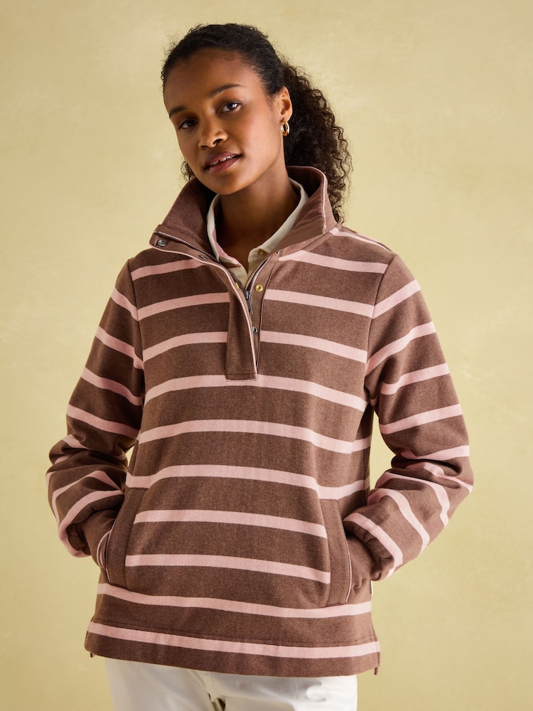 Joules Burnham Chocolate Brown pink Funnel Neck Quarter Zip Sweatshirt - Image 1 of 8