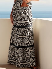 Black/White Textured 100% Cotton Maxi Skirt With Crochet Trim - Image 1 of 6