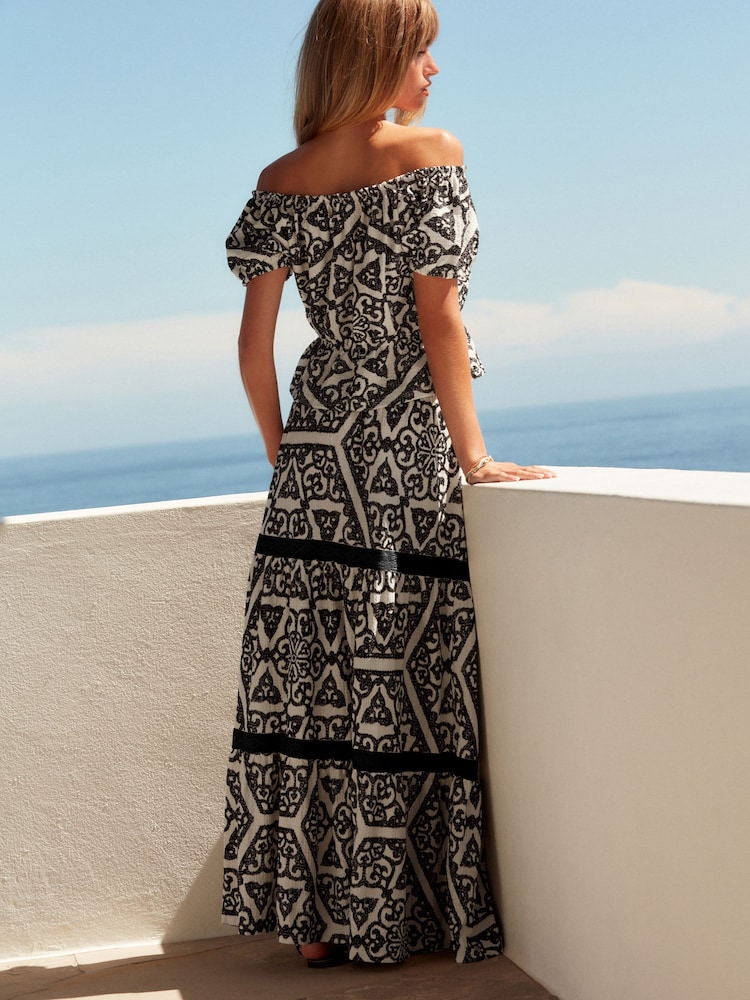 Black/White Textured 100% Cotton Maxi Skirt With Crochet Trim - Image 2 of 6