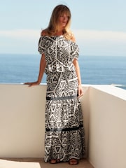 Black/White Textured 100% Cotton Maxi Skirt With Crochet Trim - Image 3 of 6